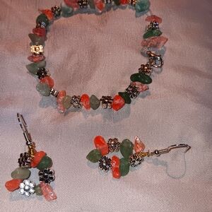 Pink and green beaded bracelet and earrings set